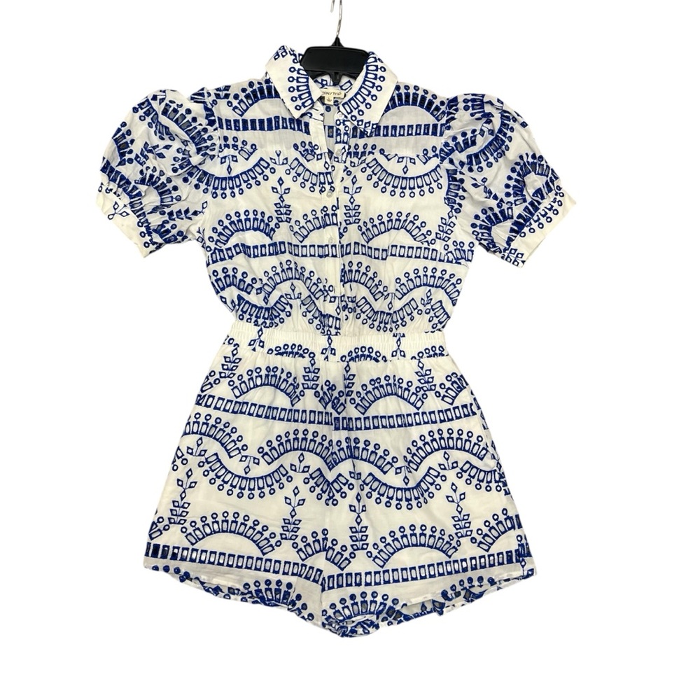 Main Strip Women's White and Blue Embroidered Eyelet button down Romper size L